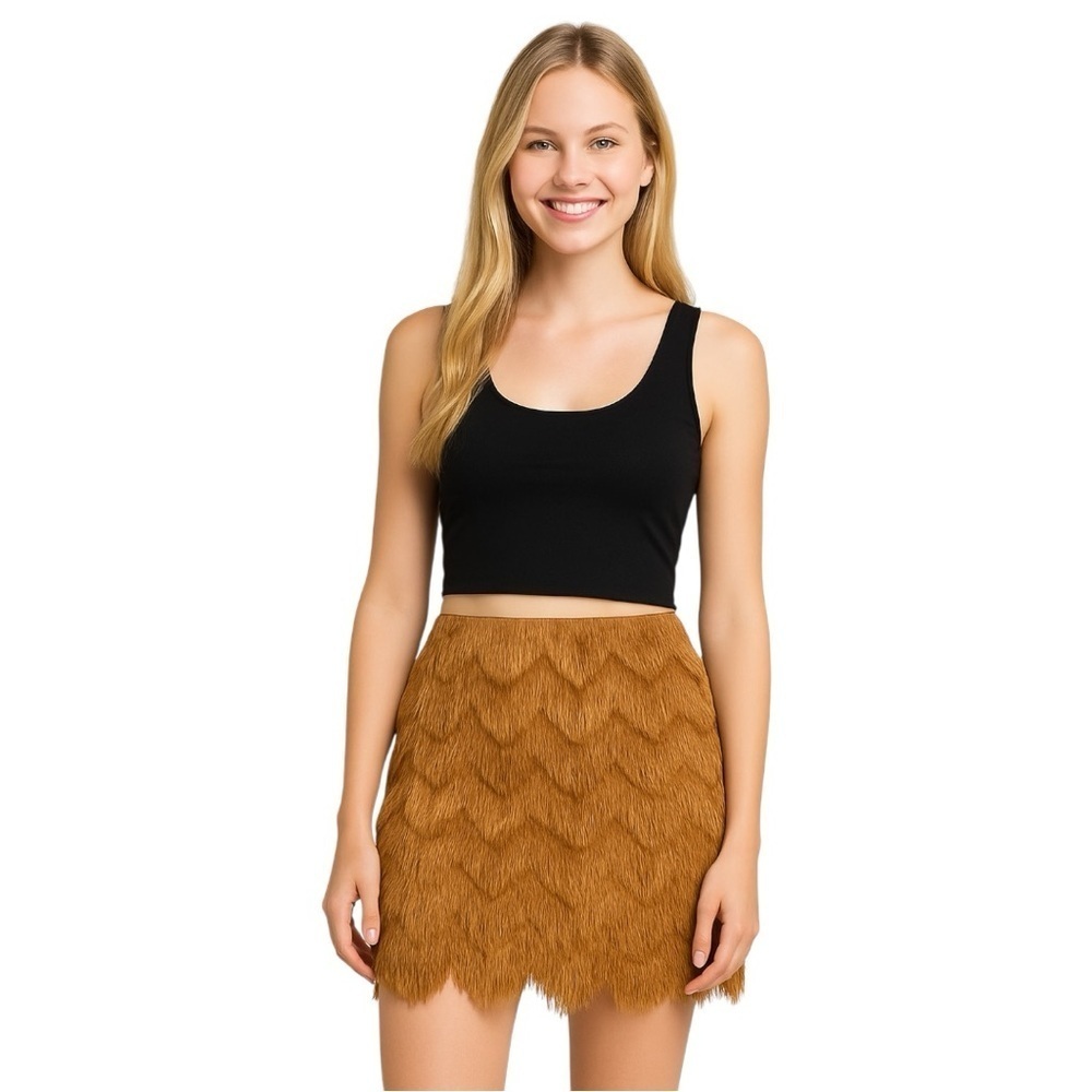 XOXO Fringed Mini Skirt Size Large – Y2K 70s Revival Festival Tan Shaggy